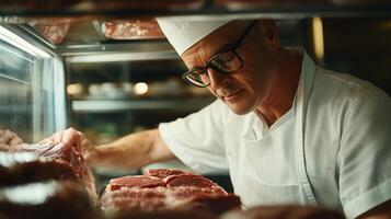 Chef skillfully inspects high-quality cuts of meat in a well-lit butcher shop photo