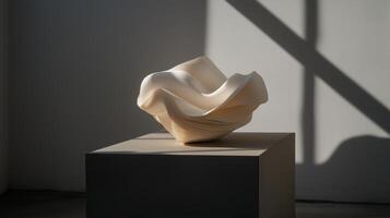 Modern art sculpture highlights intricate design in soft light within an art gallery setting photo