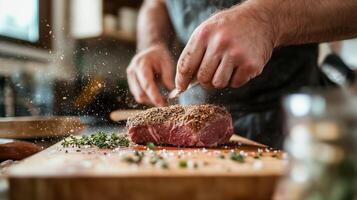 Mastering the art of seasoning meat in a cozy kitchen during evening preparation photo