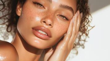 Natural beauty portrait showcasing radiant skin and playful curls in soft light at a sunlit location photo