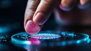 Finger pressing on a high-tech fingerprint scanner in a dimly lit environment with colorful lights at night photo