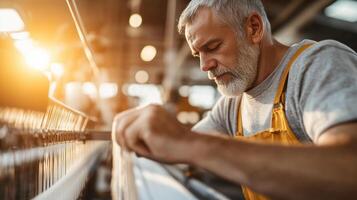 Skilled artisan weaves fabric in a workshop during the golden hour of late afternoon sunshine photo