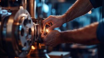 Technician working on industrial machinery in a factory with focused precision during evening hours photo