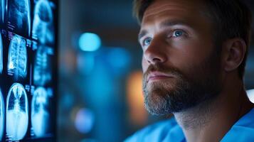 Medical professional analyzing x-ray results in a clinical setting with advanced technology photo