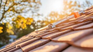 Roof installation process during golden hour with tools resting on shingles photo