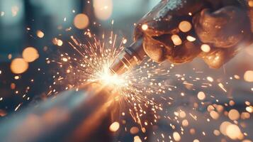 Welding sparks illuminate workspace as craftsman fabricates metal at workshop during evening hours photo