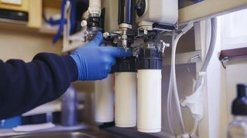Water filter installation process in a kitchen with equipment and a person's hand using a glove photo