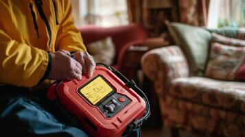 Emergency preparedness device being handled in a cozy living room setting during the day photo