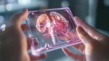 Advanced holographic display shows intricate details of human lungs in a medical research lab setting photo