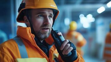Construction worker using walkie-talkie on site in an industrial setting during the day photo