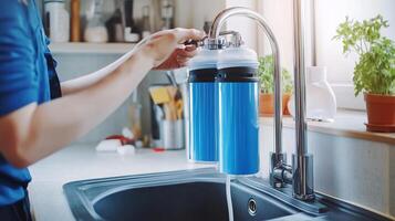 Installing a water filtration system in a modern kitchen for clean drinking water photo