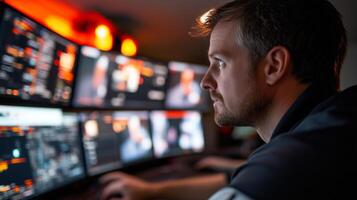 Tech professional analyzing data on multiple monitors in a dark office environment during evening hours photo