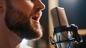 Singer performing passionately in a studio with a microphone during a recording session at night photo