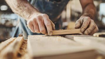 Craftsman works on wood in a workshop, shaping and smoothing edges during afternoon hours photo