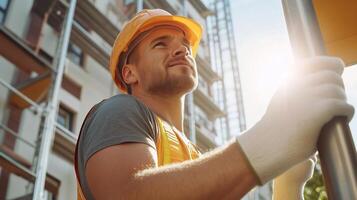 Construction worker smiles while holding scaffolding at a building site during daytime, showcasing teamwork and safety practices photo