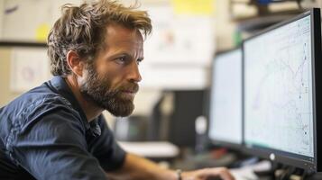 Focused man working intently at computer screens in an office environment during the day photo