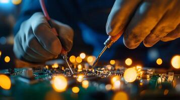 Skilled technician performs intricate soldering on electronic circuit board in workshop during evening hours photo
