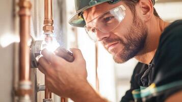 Skilled plumber working diligently on copper pipes in a modern workshop during daylight hours photo