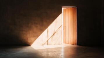 Sunlight streaming through an open wooden door in a dimly lit room creates a peaceful atmosphere photo