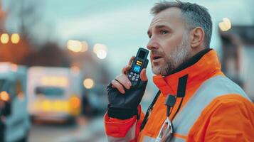 Man in safety gear communicates through radio on bustling city street during twilight hours photo