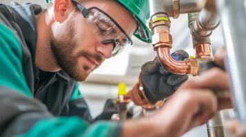 Worker performs plumbing installation with copper pipes and fittings in workshop during daylight hours photo