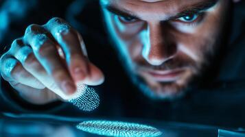 Close examination of fingerprints by a forensic investigator in a dark lab environment with blue lighting photo