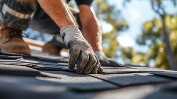 Skilled worker installing shingles on a residential roof during a sunny afternoon photo