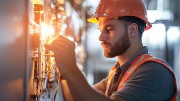 Electrician working on control panel in industrial setting during day shift photo