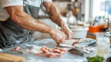 Chef prepares fresh fish in a busy kitchen setting during afternoon service photo