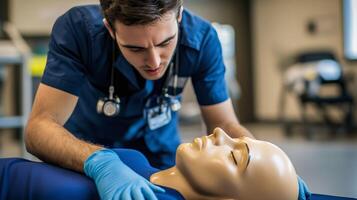 Medical student practicing CPR on a training mannequin in a healthcare simulation lab during a life support course photo