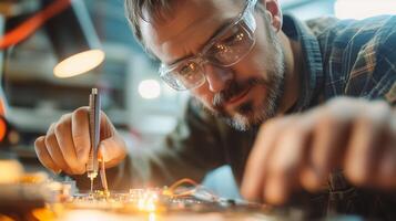 Skilled technician working on electronic circuit board in workshop during daytime photo