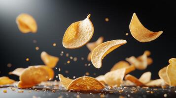 Crispy potato chips floating in the air with scattered crumbs in a dark setting photo