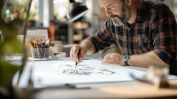 Artist creates illustrations at a well-lit workspace using black ink on a glowing drawing table in the afternoon photo