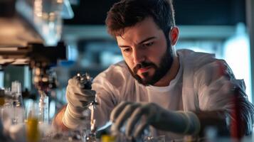 Scientist conducting research in laboratory environment during evening hours photo