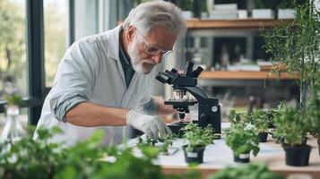 Scientist examines plant samples under microscope in a well-lit laboratory with greenery around photo