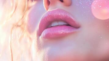 Close-up of a woman's lips showcasing a soft pink hue with sparkling effects in a bright setting during daylight photo