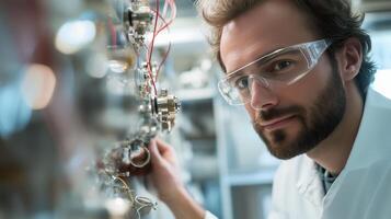 Scientist conducting research in a laboratory while examining complex equipment and systems in a modern scientific setting photo