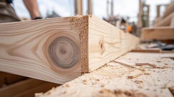 Close-up view of freshly cut wood at a construction site in the afternoon light showcasing carpentry skills and craftsmanship photo