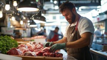 Butcher carefully selecting fresh cuts of meat in a bustling market during daylight hours photo