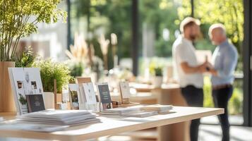 Business professionals discussing plans in a modern workspace surrounded by greenery and brochures photo