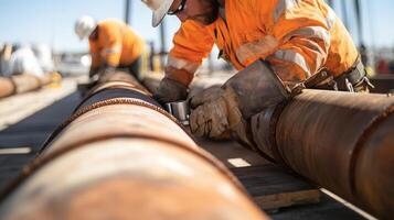 Workers engaged in pipe installation on a construction site during daylight hours photo
