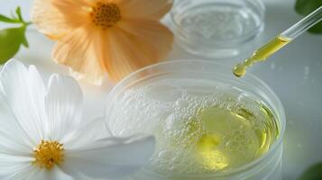 Natural oil extraction process with flowers and droplet in clear container at bright workspace photo