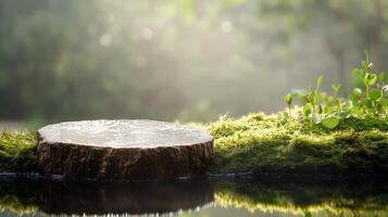 Serene natural setting with a wooden log and lush green moss beside a calm body of water in early morning light photo