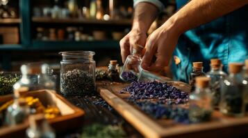 Herbalist prepares dried flowers and herbs for crafting natural remedies in workshop during afternoon photo