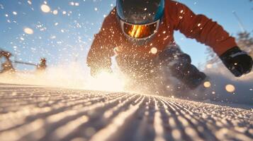 Snowboarder carving through powder with sunlight creating a magical backdrop during a winter afternoon photo