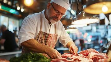 Skilled butcher preparing fresh meat at a bustling market during afternoon hours in a lively urban setting photo