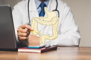 Close-up of a doctor in a white coat holding an intestine symbol while sitting at the table in the hospital photo