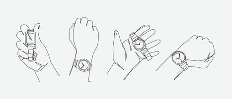 Set of drawing of hands holding and interacting with wrist watch in continuous one line drawing style. Editable line illustration vector