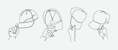 Set of drawing of hands holding baseball cap in continuous one line drawing style. Casual fashion, headwear accessories concept. Editable line illustration vector