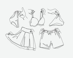 Set of drawing of hands holding bra, brief, g string, skirt, and short pant in continuous one line drawing style. Clothing, underwear concept. Editable line illustration vector